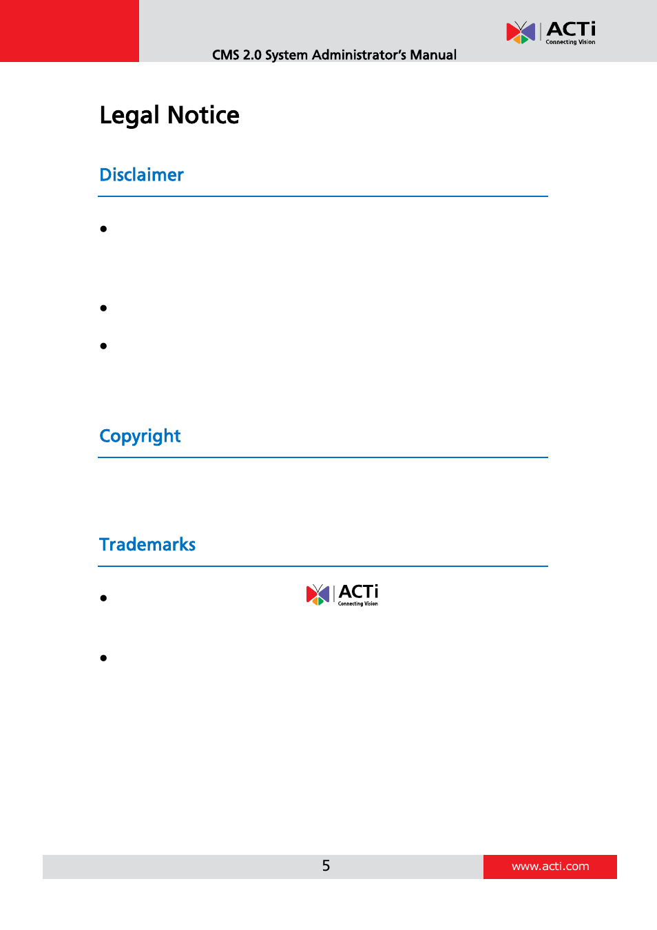 Legal notice, Disclaimer, Copyright | Trademarks | ACTi CMS 2 User Manual | Page 5 / 85