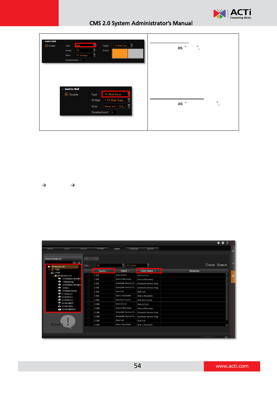 Manage the event rules, View the event rules | ACTi CMS 2 User Manual | Page 54 / 85