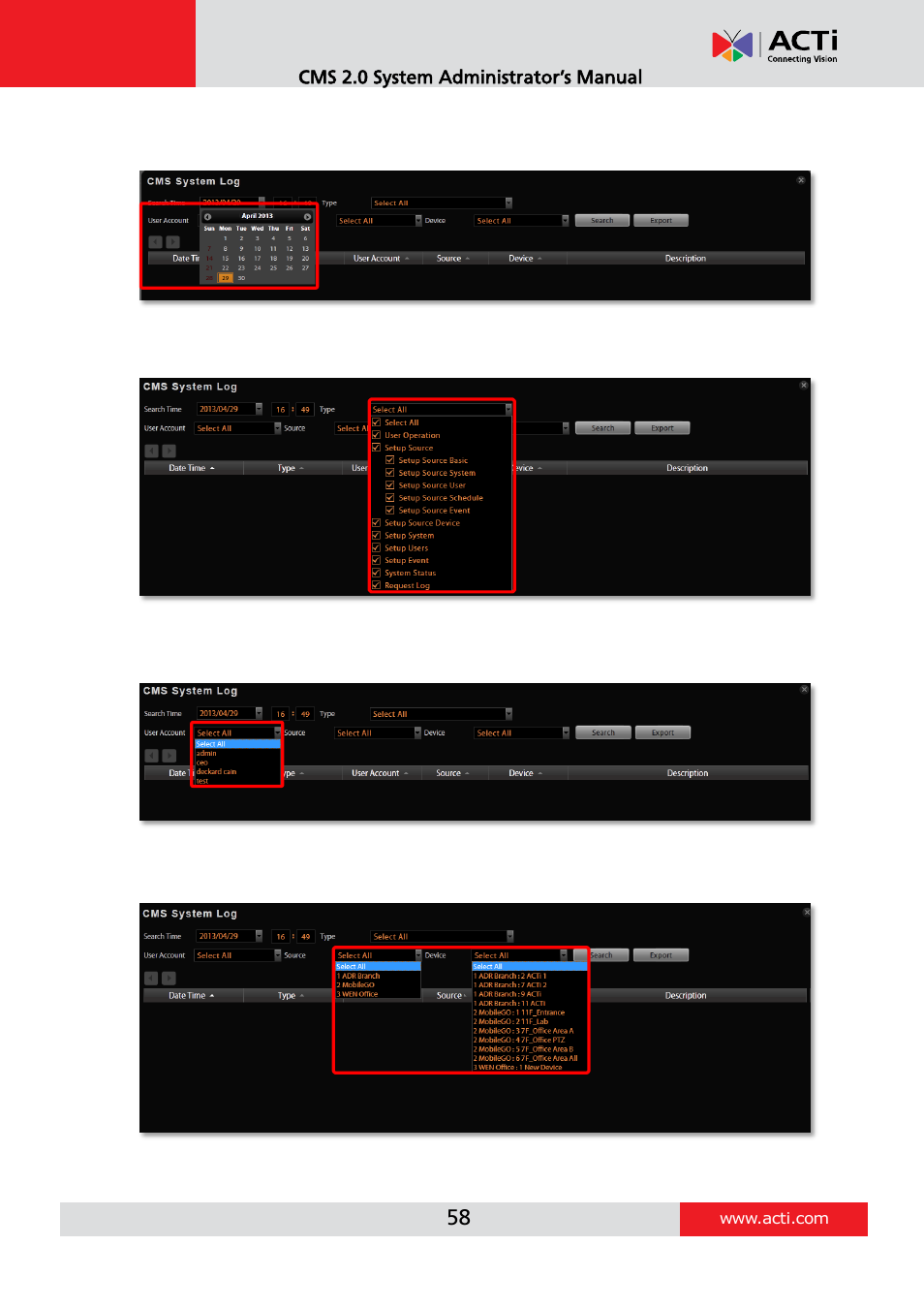 Search time, Log type, User account | Nvr source / device | ACTi CMS 2 User Manual | Page 58 / 85