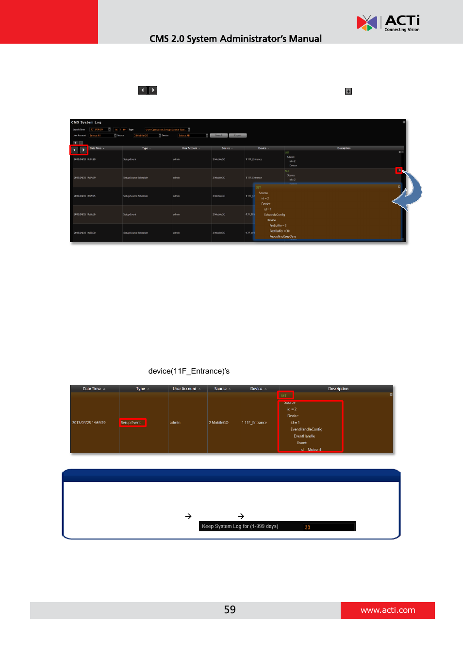 Read the log | ACTi CMS 2 User Manual | Page 59 / 85