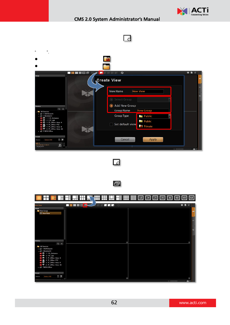 Step 1: create a new view, Step 2: enter edit mode, Step 3: select a layout | ACTi CMS 2 User Manual | Page 62 / 85