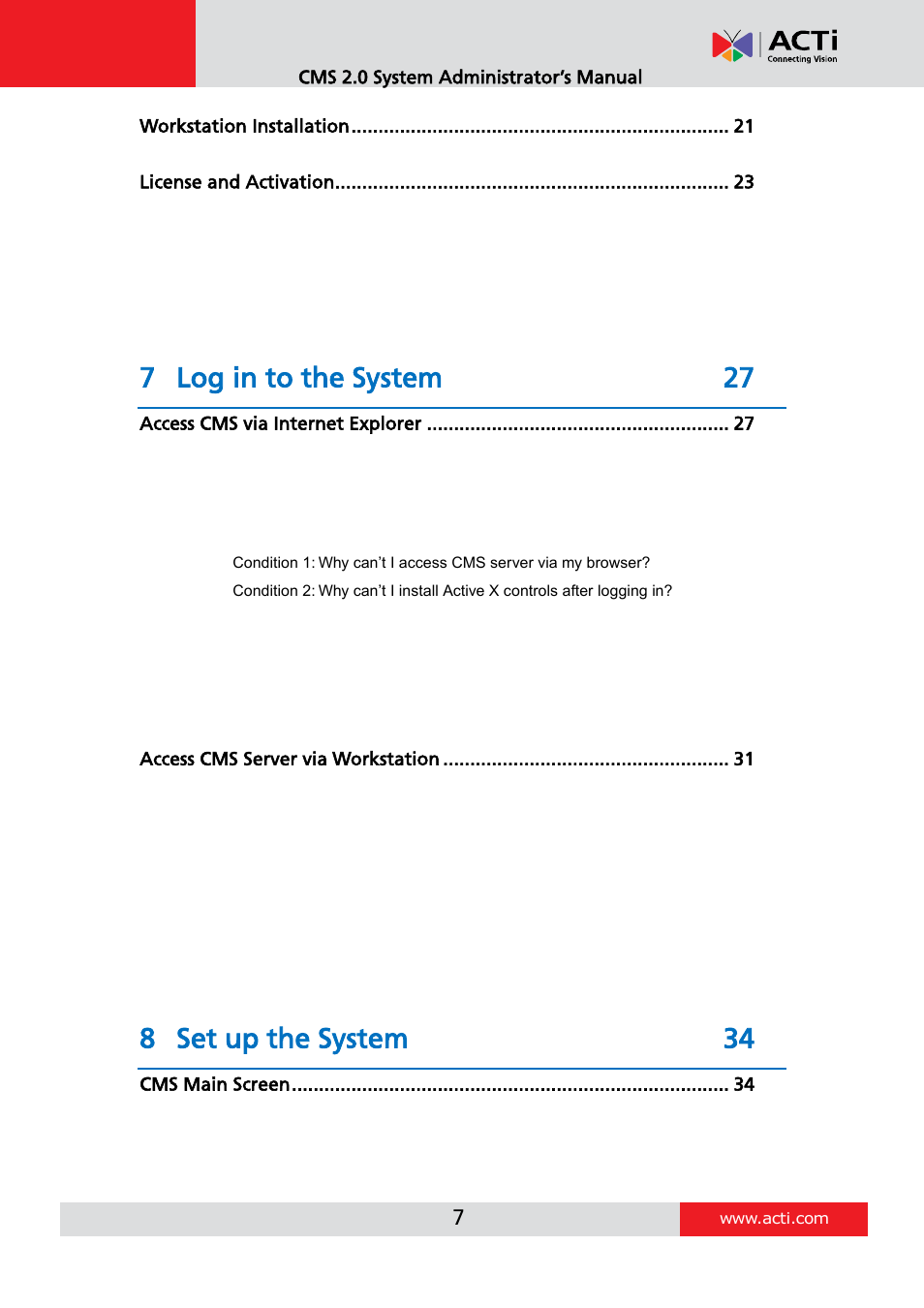 7 log in to the system 27, 8 set up the system 34 | ACTi CMS 2 User Manual | Page 7 / 85