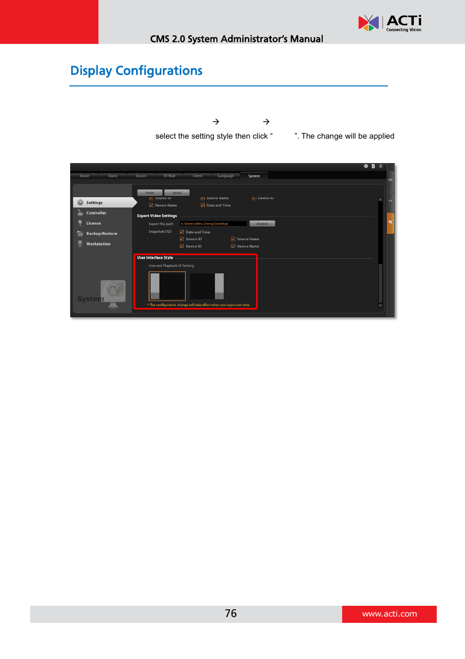 Display configurations | ACTi CMS 2 User Manual | Page 76 / 85