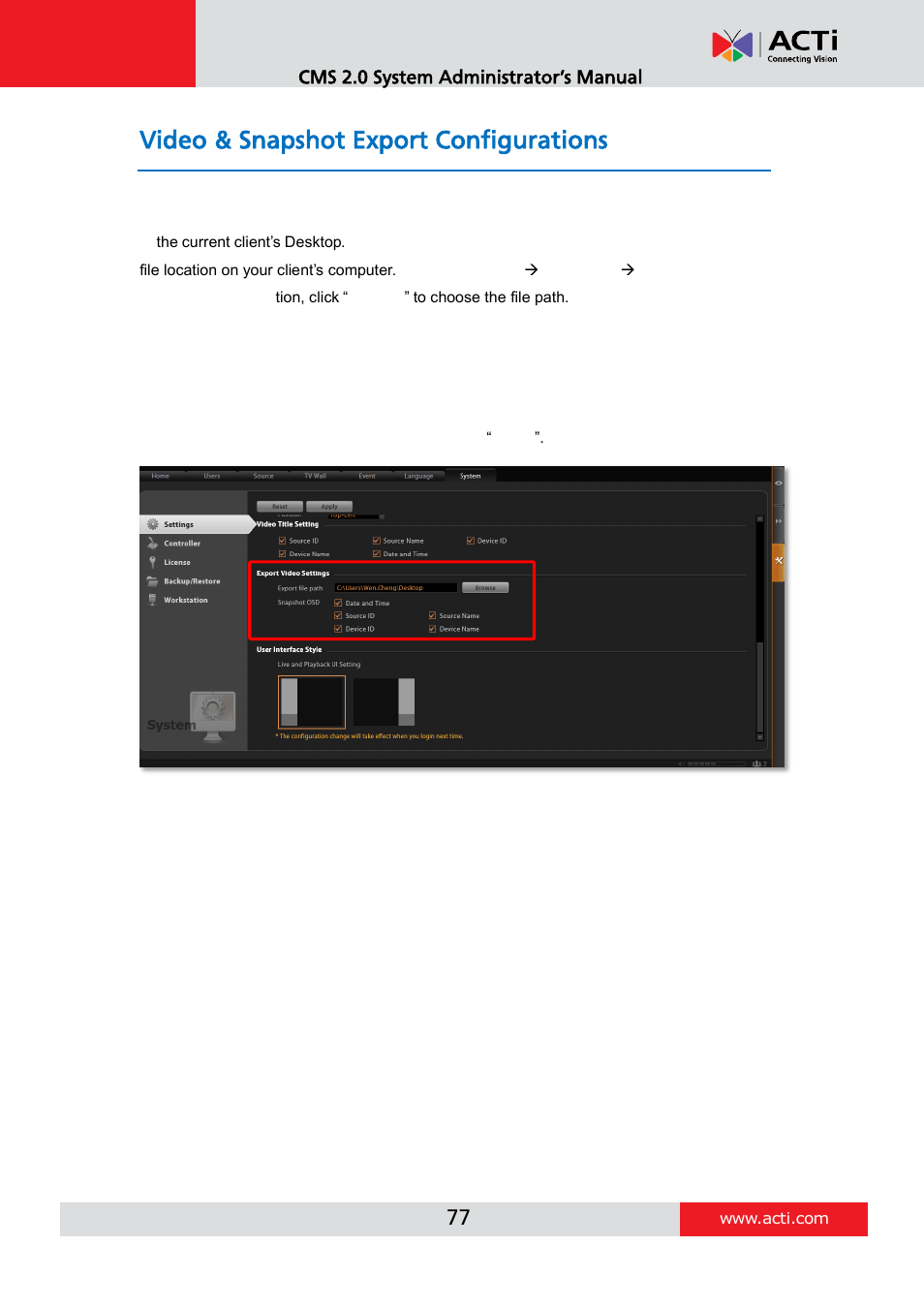 Video & snapshot export configurations | ACTi CMS 2 User Manual | Page 77 / 85