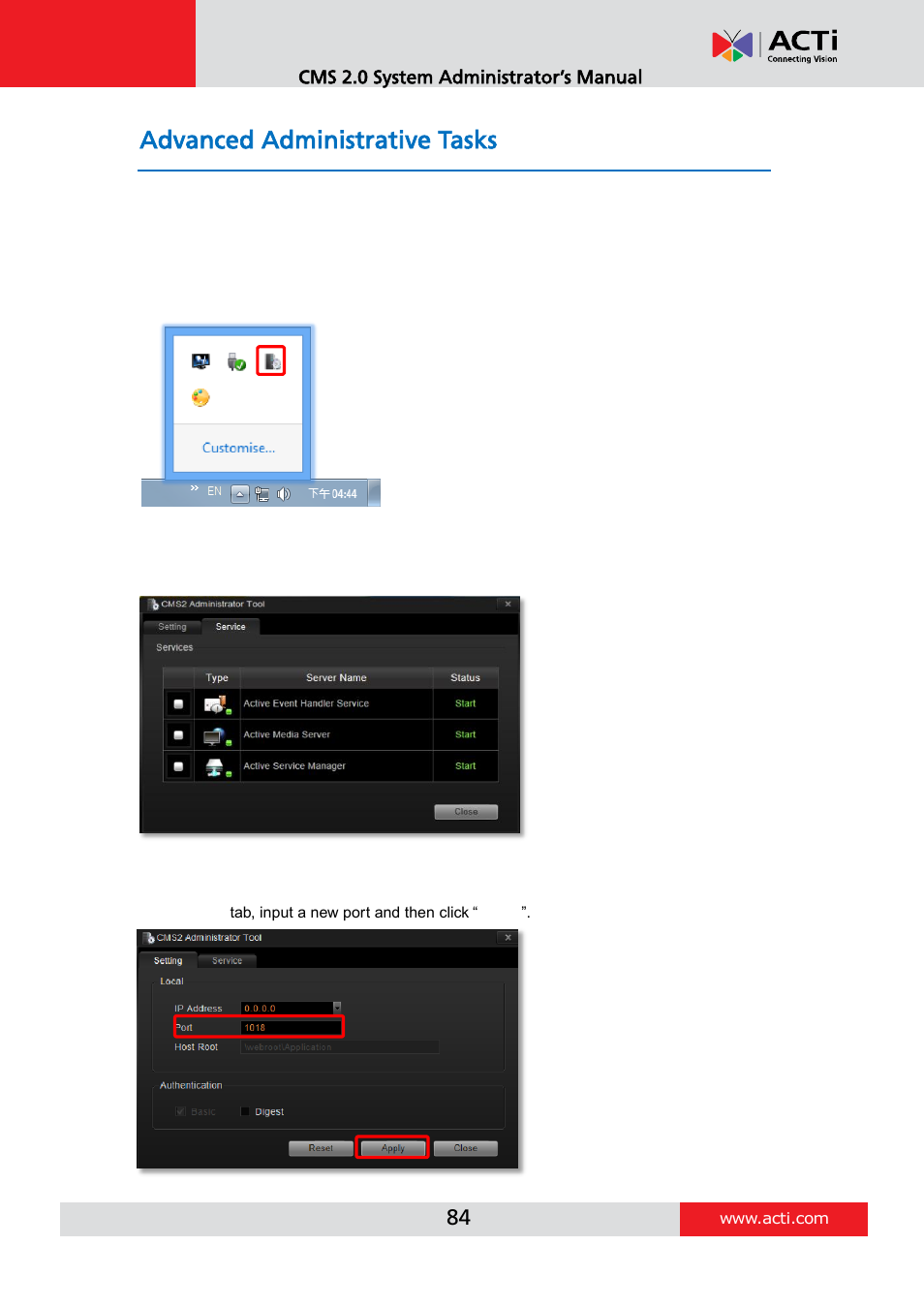 Advanced administrative tasks, Cms server status, Change server port | ACTi CMS 2 User Manual | Page 84 / 85