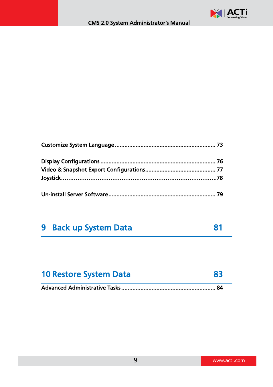 9 back up system data 81, 10 restore system data 83 | ACTi CMS 2 User Manual | Page 9 / 85