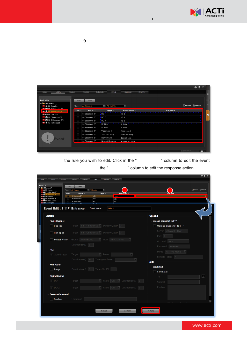 How to edit an event rule | ACTi MNR-310 User Manual | Page 103 / 156