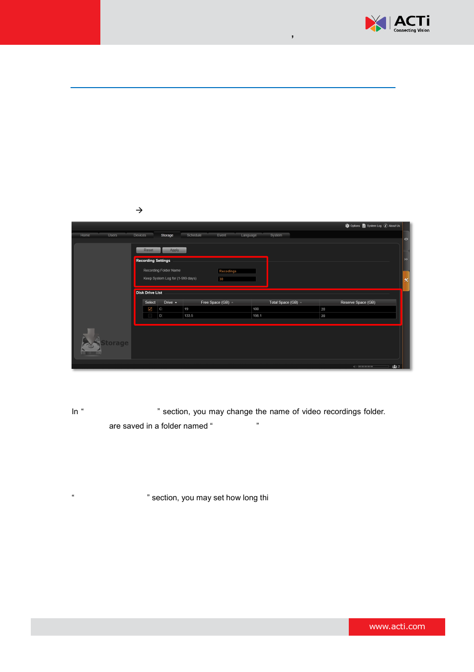 Storage management, Change recordings folder name, Set system log lifecycle | Storage, Management | ACTi MNR-310 User Manual | Page 114 / 156