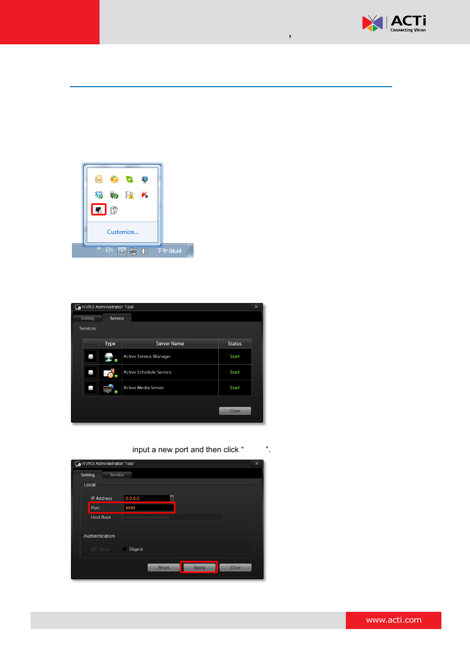 Advanced administrative tasks, Nvr server status, Change server port | ACTi MNR-310 User Manual | Page 150 / 156