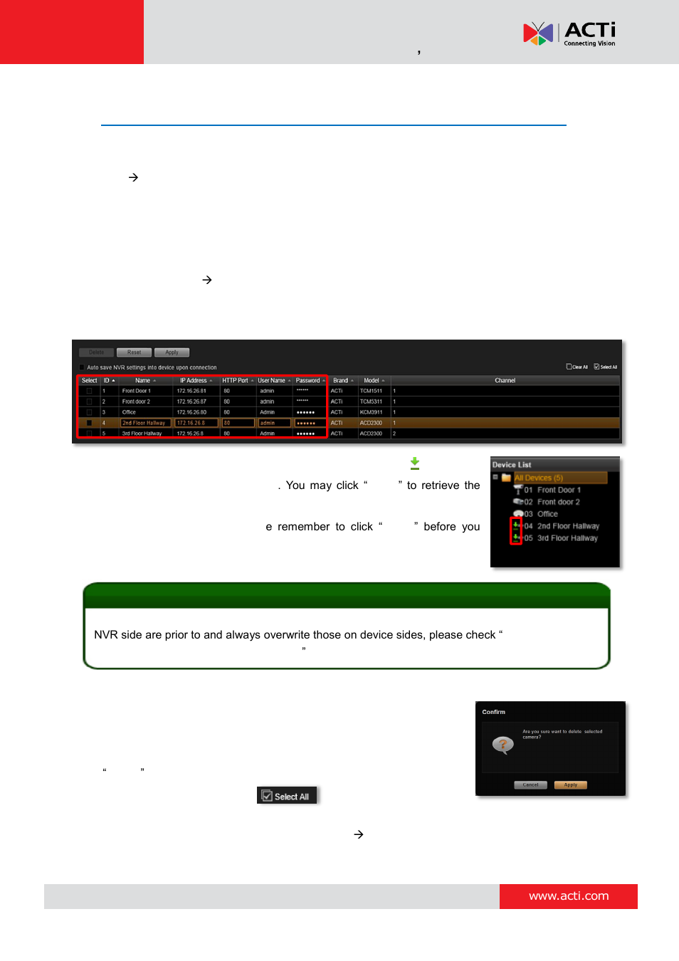Manage multiple devices, Modify basic connection settings, Delete devices | ACTi MNR-310 User Manual | Page 73 / 156
