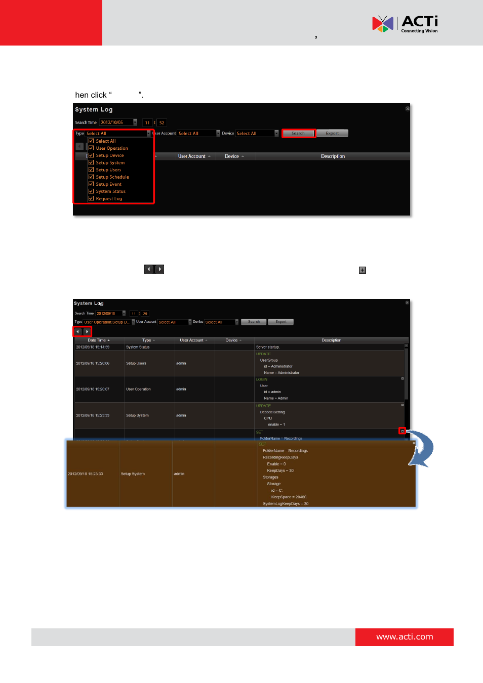Choose log type, Read the log | ACTi NVR 3 Corporate User Manual | Page 103 / 149