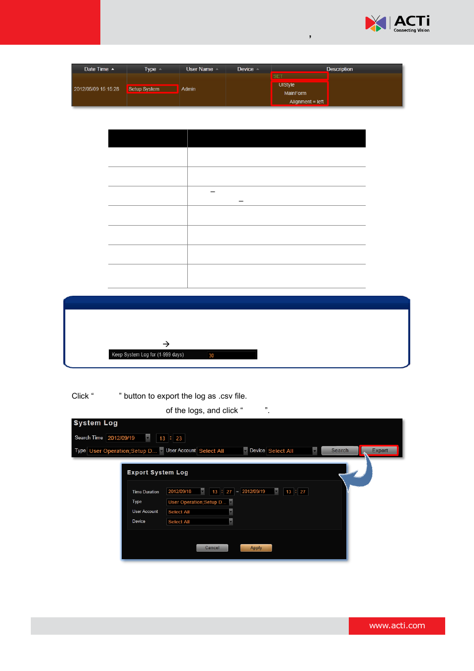 Export the log | ACTi NVR 3 Corporate User Manual | Page 104 / 149