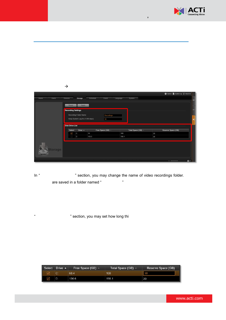 Storage management, Change recordings folder name, Set system log lifecycle | ACTi NVR 3 Corporate User Manual | Page 105 / 149