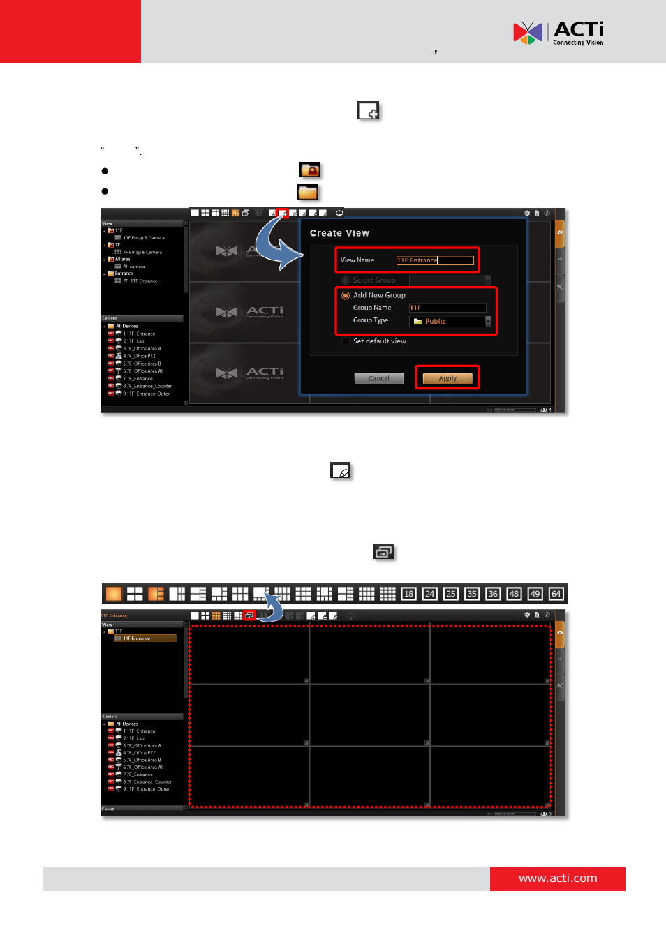 Step 1: create a new view, Step 2: enter edit mode, Step 3: select a layout | ACTi NVR 3 Corporate User Manual | Page 115 / 149