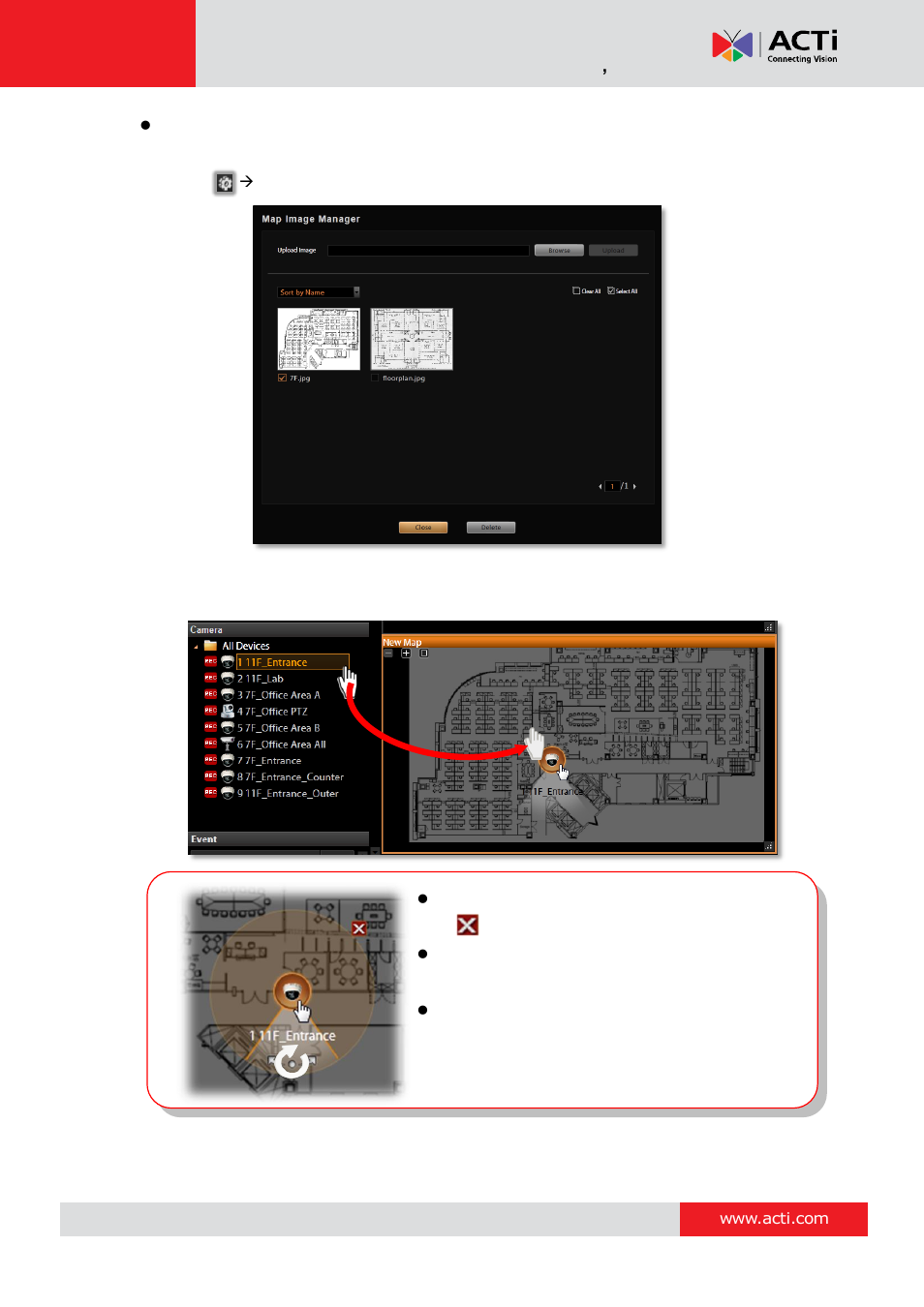 Step 6: add cameras to the map, Nvr 3 corporate system administrator ’s manual | ACTi NVR 3 Corporate User Manual | Page 118 / 149
