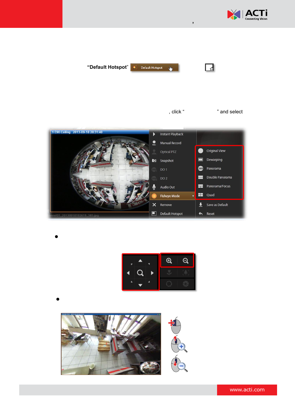 Step 10: set default hotspot channel (optional), Step 11: set fisheye camera mode, Nvr 3 corporate system administrator ’s manual | ACTi NVR 3 Corporate User Manual | Page 120 / 149