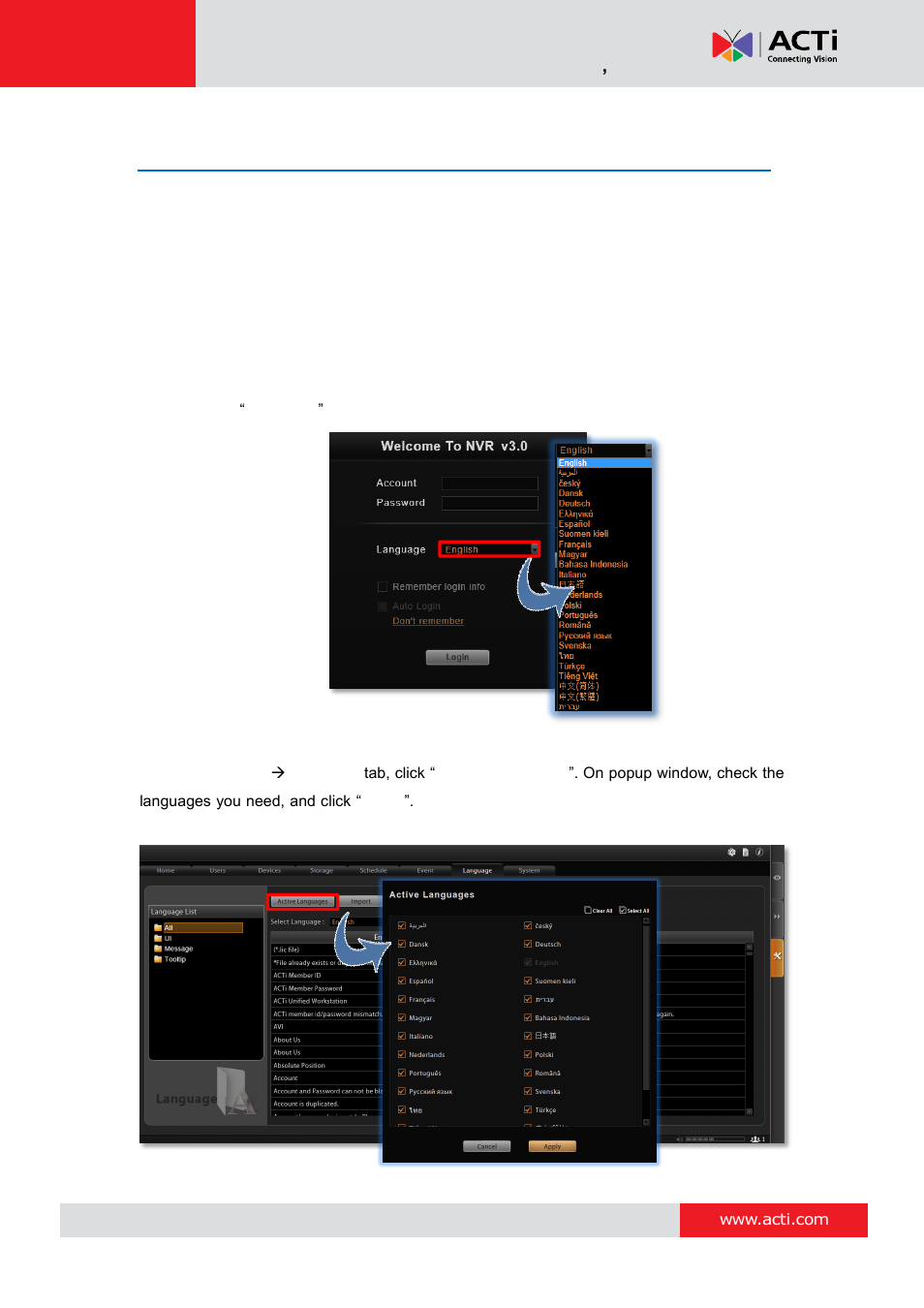 Customize system language, System languages list | ACTi NVR 3 Corporate User Manual | Page 126 / 149