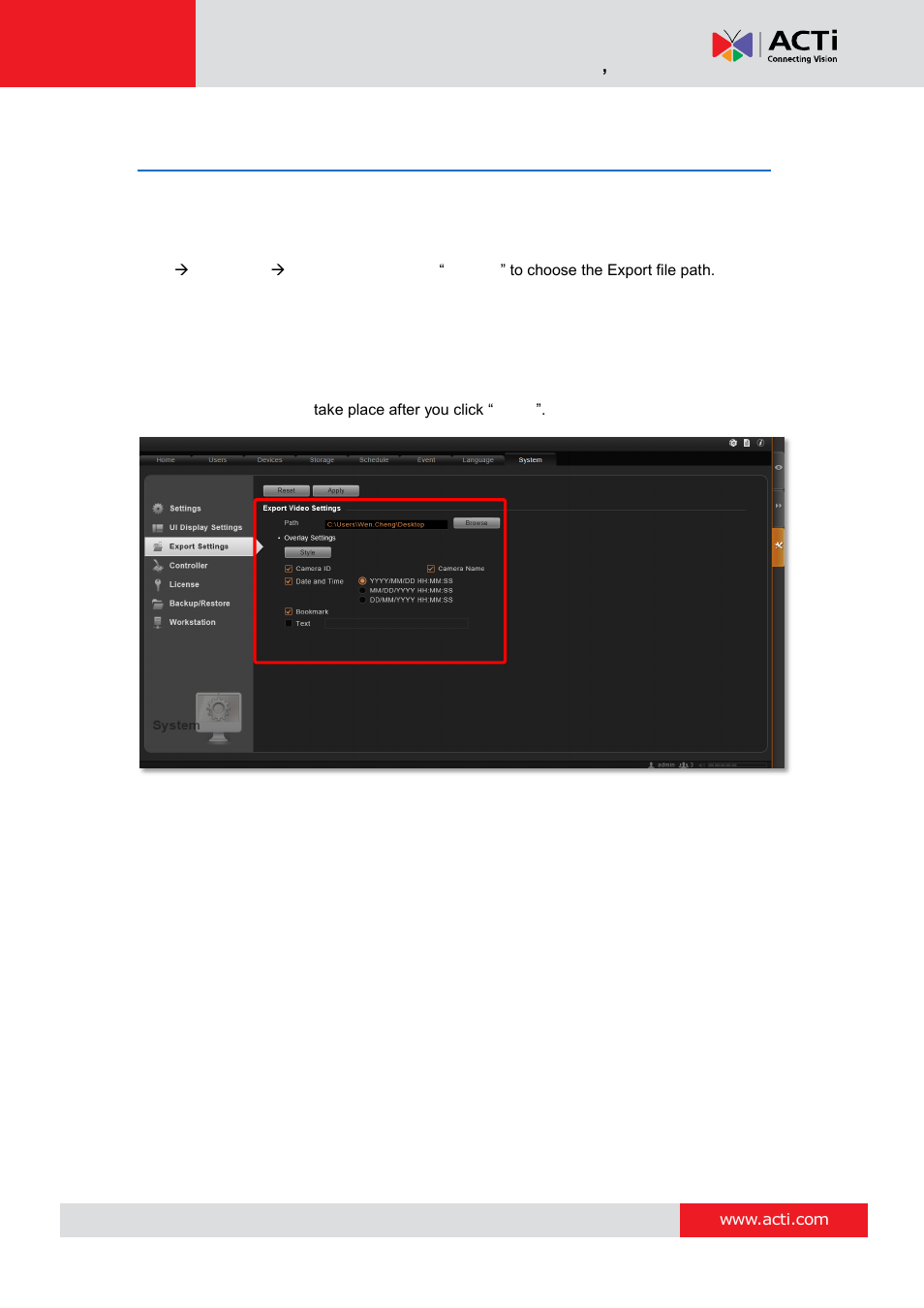 Video & snapshot export configurations, E 131 | ACTi NVR 3 Corporate User Manual | Page 130 / 149
