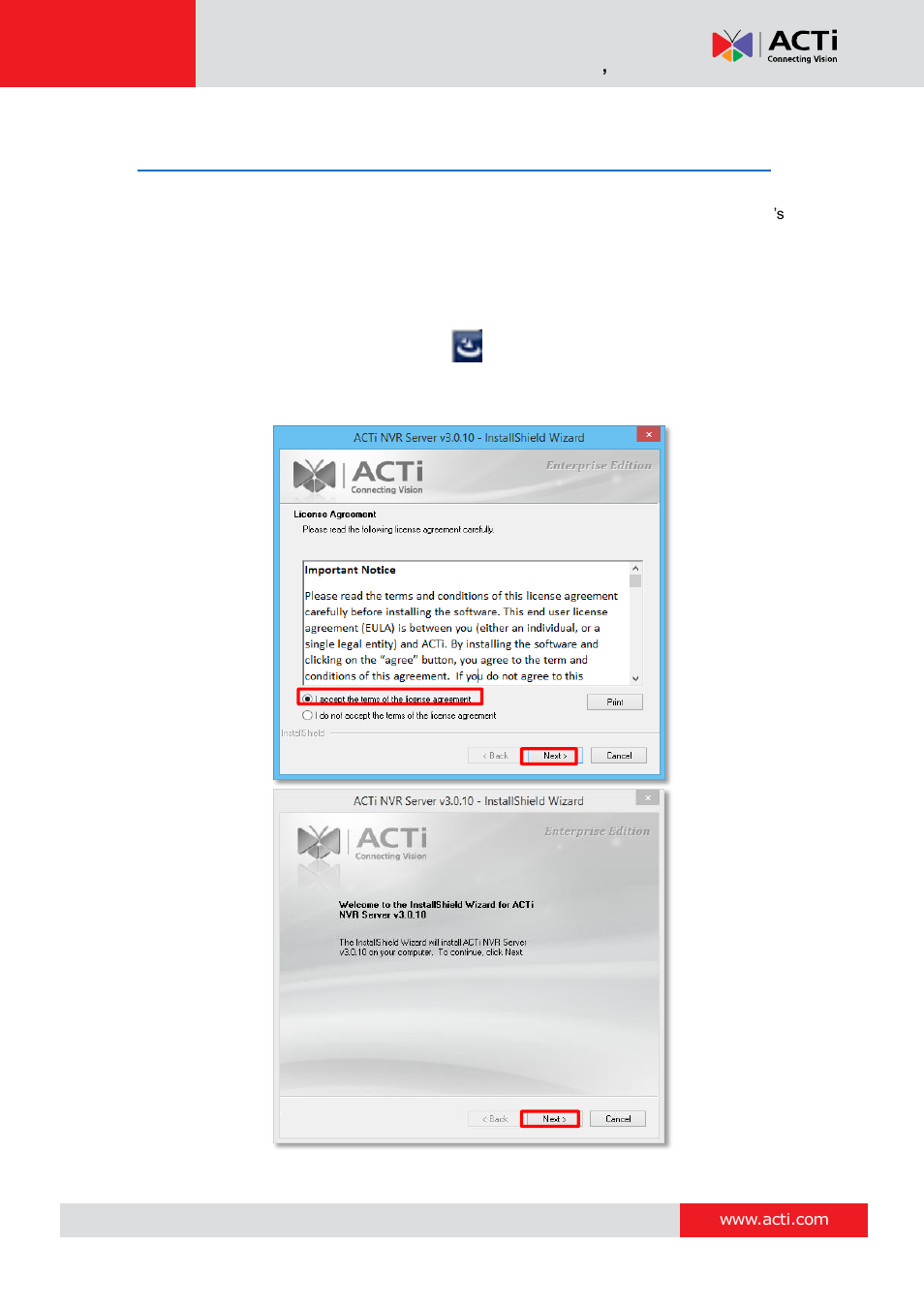 Server installation, Install the software | ACTi NVR 3 Corporate User Manual | Page 20 / 149