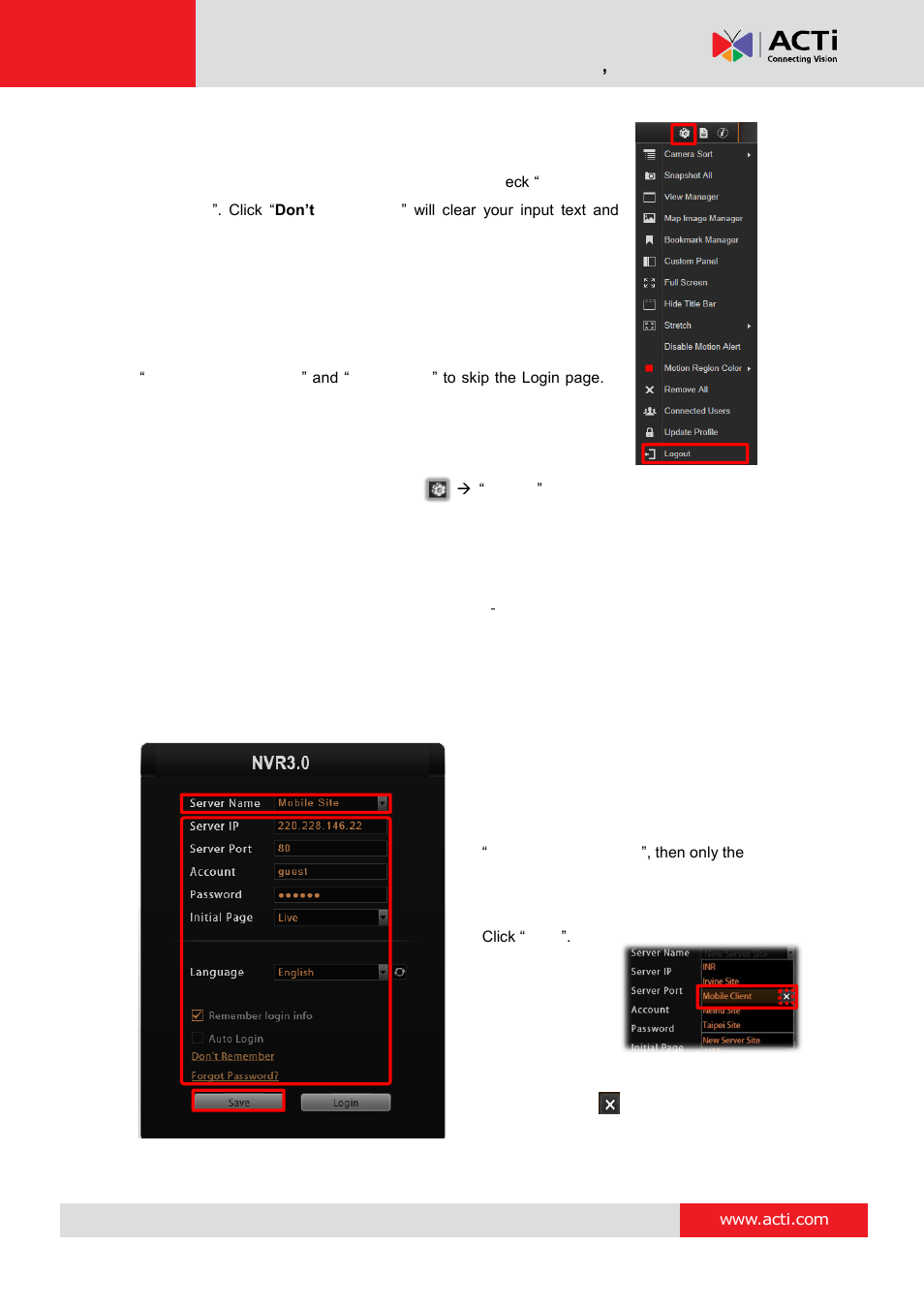 E. remember login information and auto login, F. retrieve the forgotten password, G. server name/server sites list | Nvr 3 corporate system administrator ’s manual | ACTi NVR 3 Corporate User Manual | Page 37 / 149
