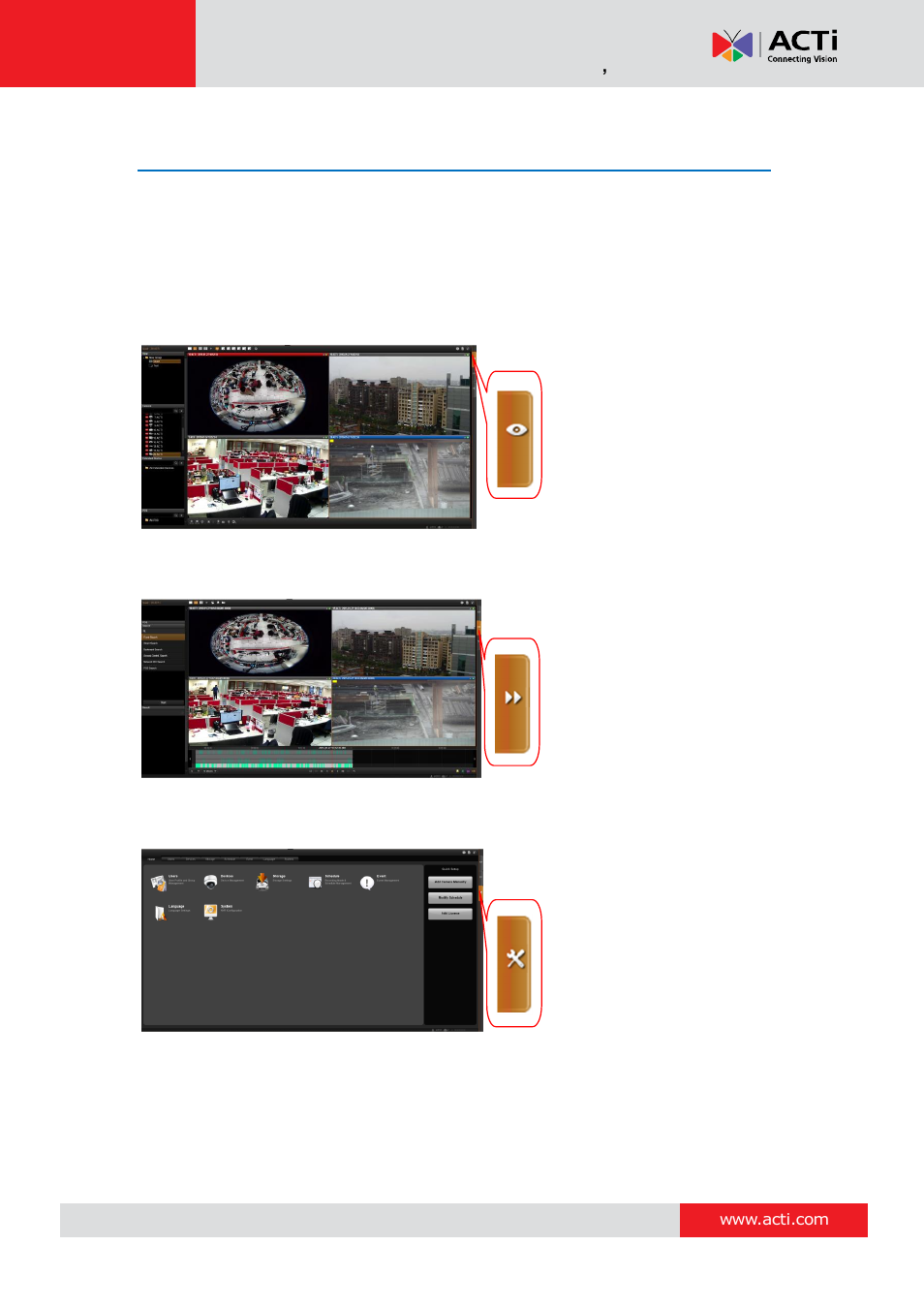 Nvr main screen, Live view, Playback | Setup | ACTi NVR 3 Corporate User Manual | Page 43 / 149
