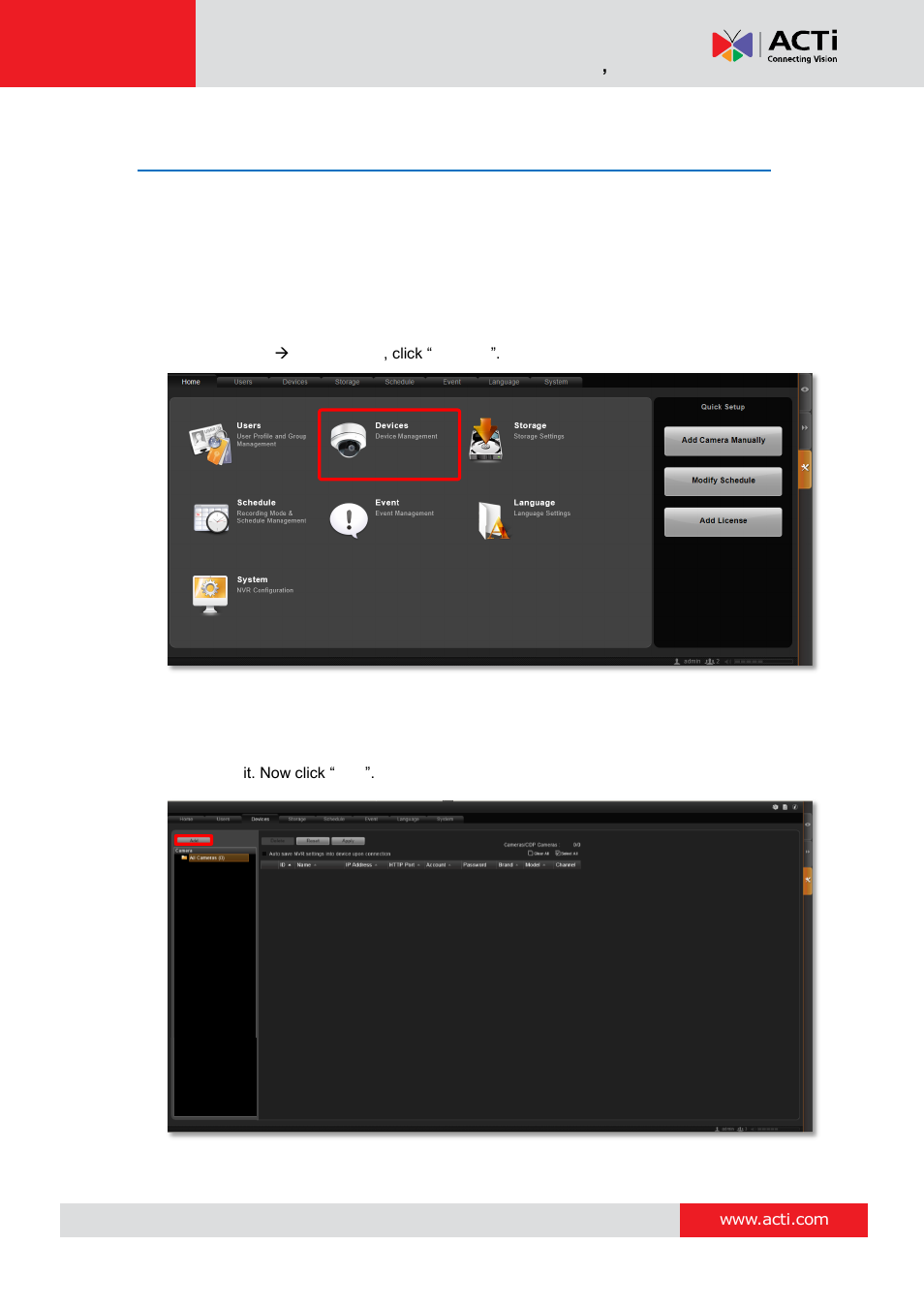 Add cameras, Camera list | ACTi NVR 3 Corporate User Manual | Page 44 / 149