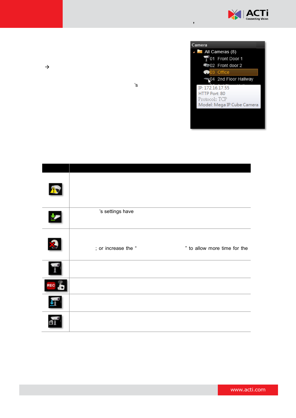 Camera status, Status icon description | ACTi NVR 3 Corporate User Manual | Page 50 / 149