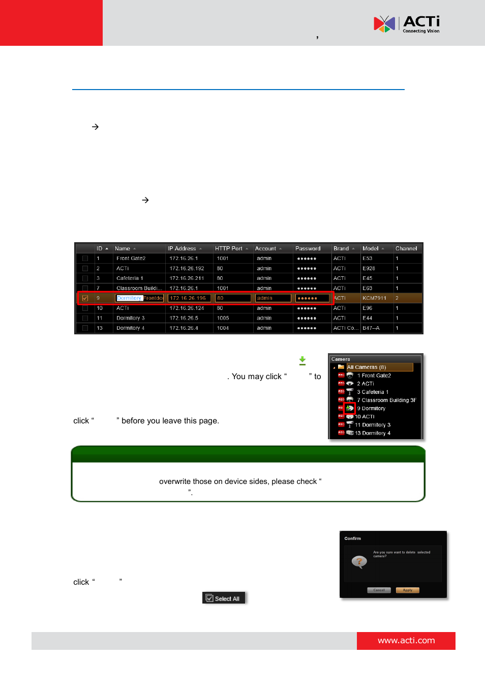 Manage multiple cameras, Modify basic connection settings, Delete cameras | ACTi NVR 3 Corporate User Manual | Page 54 / 149