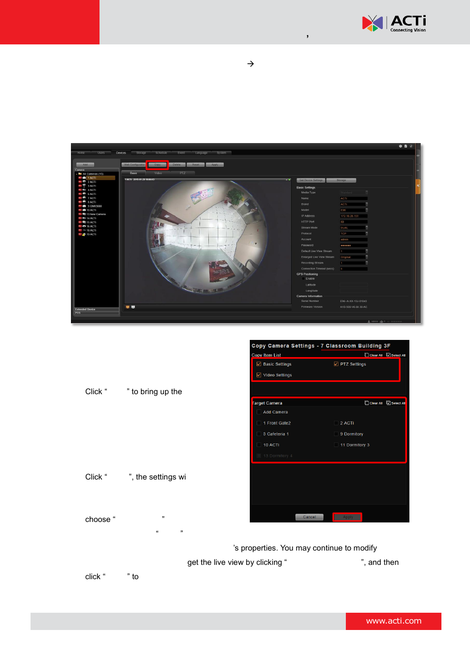 Copy settings across cameras, Nvr 3 corporate system administrator ’s manual | ACTi NVR 3 Corporate User Manual | Page 55 / 149