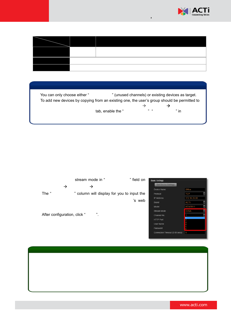 Add video streams from a multi-channel device, Configure camera settings, E 56 | Nvr 3 corporate system administrator ’s manual | ACTi NVR 3 Corporate User Manual | Page 56 / 149