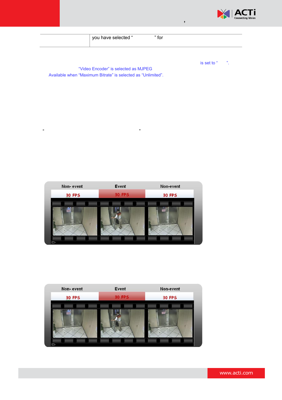 Save storage by setting event recording frame rate, Schedule recording, Event recording | Nvr 3 corporate system administrator ’s manual | ACTi NVR 3 Corporate User Manual | Page 58 / 149