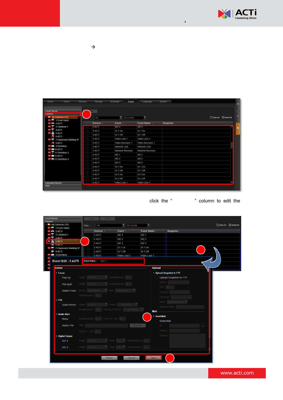 Create an camera events event rule based on | ACTi NVR 3 Corporate User Manual | Page 93 / 149