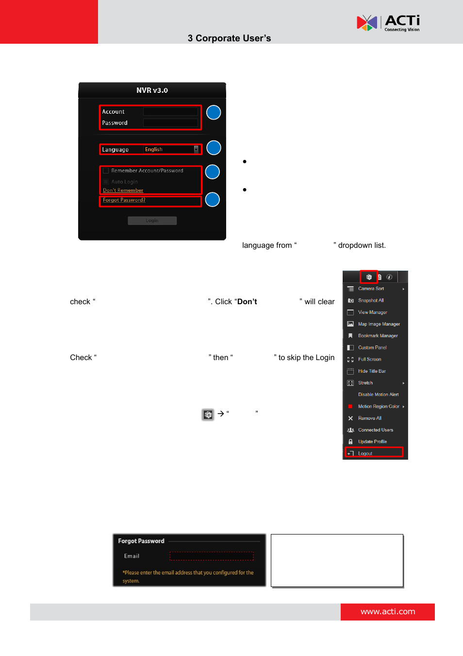 Login, A. enter account & password, B. change ui language | C. remember account/password, D. retrieve the user password | ACTi NVR 3 Corporate User Manual | Page 12 / 56