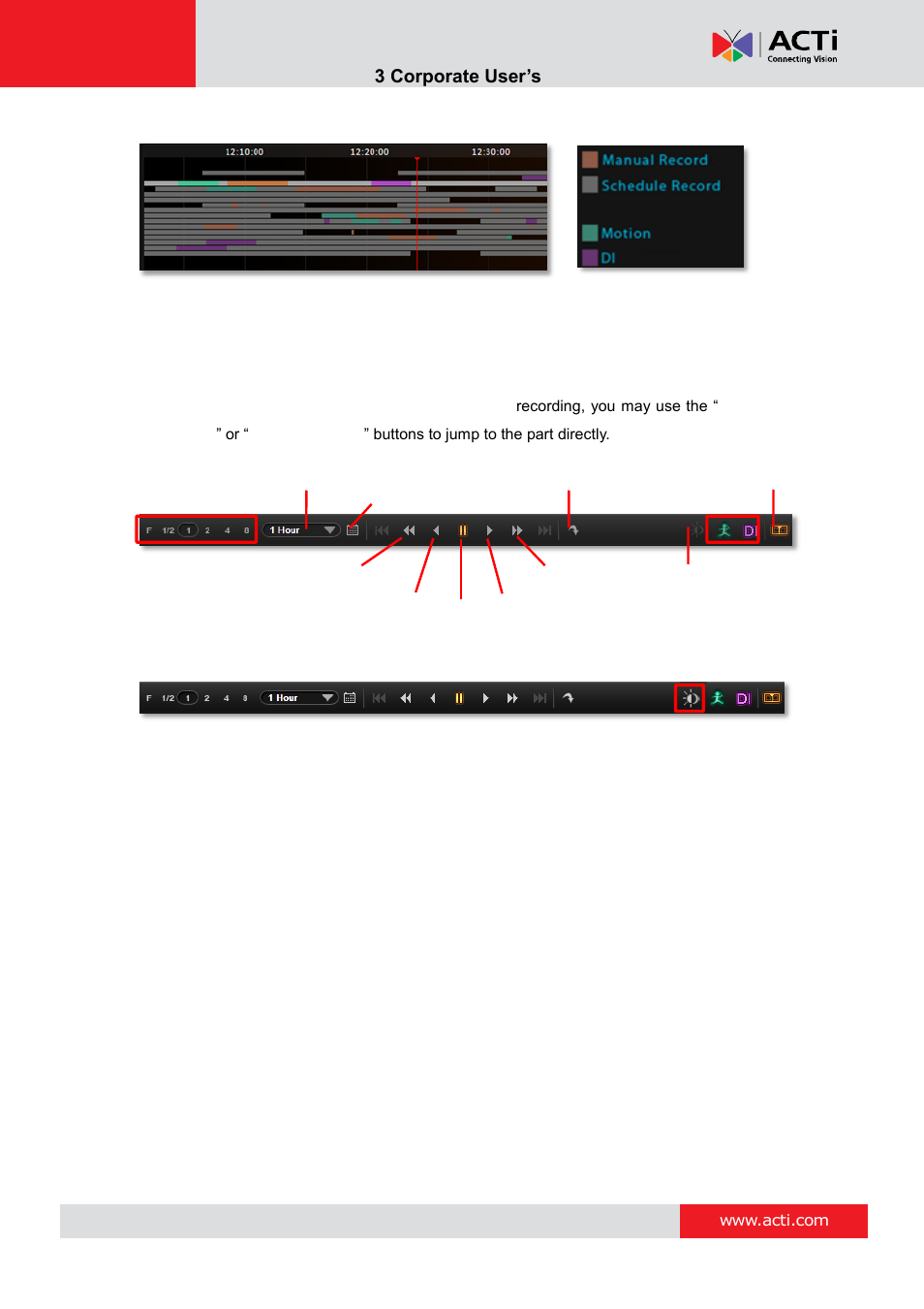 Event type highlight colors, Playback controls, Daylight saving time switch | ACTi NVR 3 Corporate User Manual | Page 43 / 56