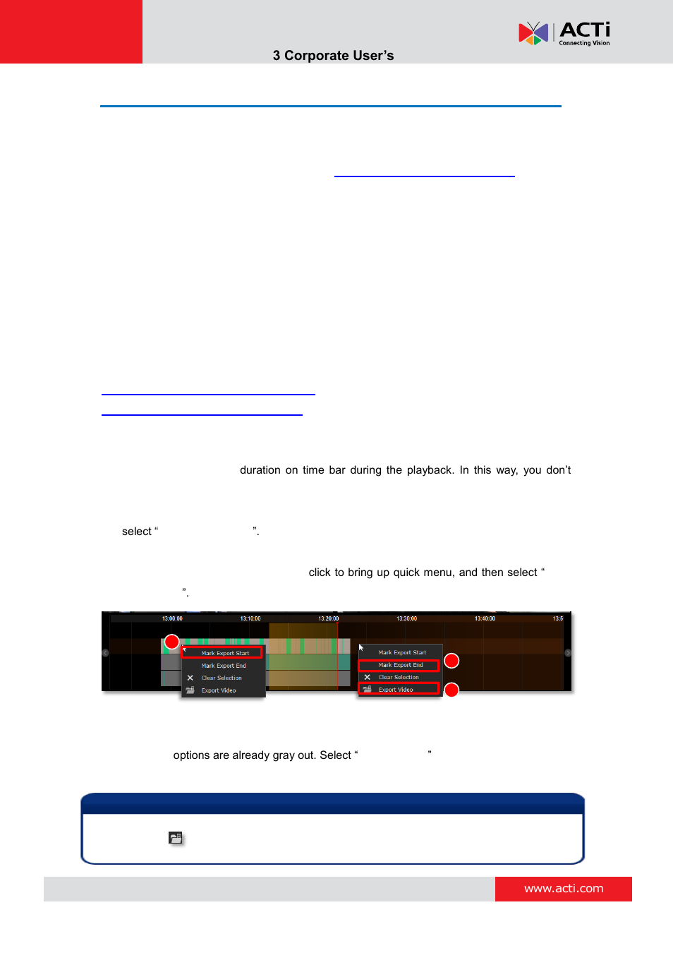 Export the recordings, Define the section of exported video on time bar, Nvr 3 corporate user’s manual | ACTi NVR 3 Corporate User Manual | Page 54 / 56