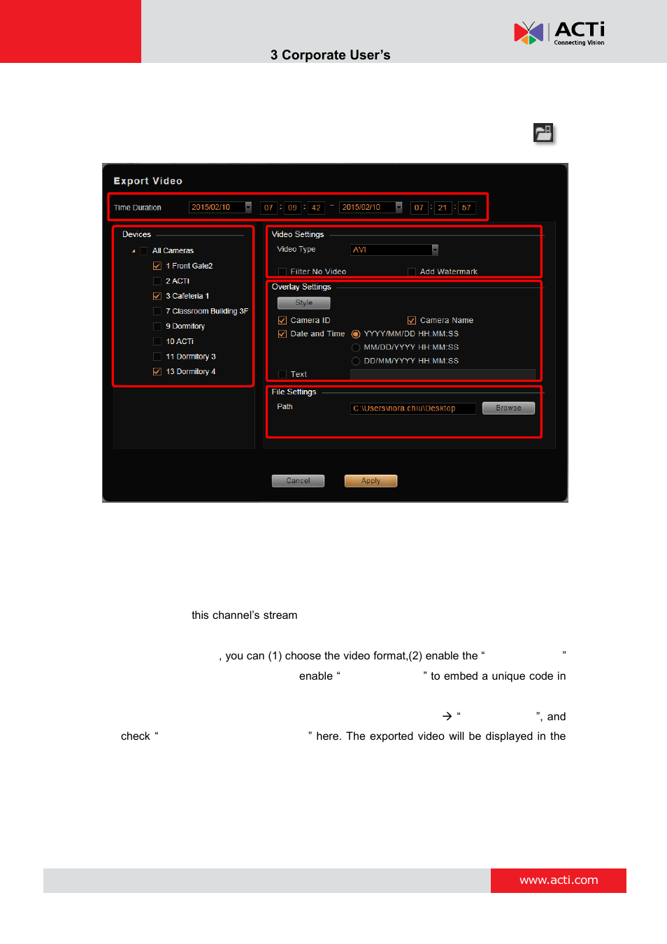 Set the export video settings, Nvr 3 corporate user’s manual | ACTi NVR 3 Corporate User Manual | Page 55 / 56