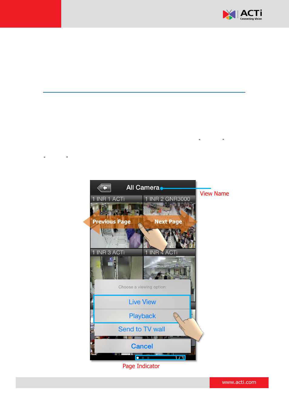 Operation instructions, View screen | ACTi Mobile Client for iOS User Manual | Page 10 / 24
