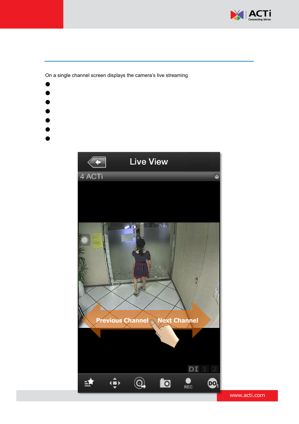 Live view single channel screen | ACTi Mobile Client for iOS User Manual | Page 11 / 24