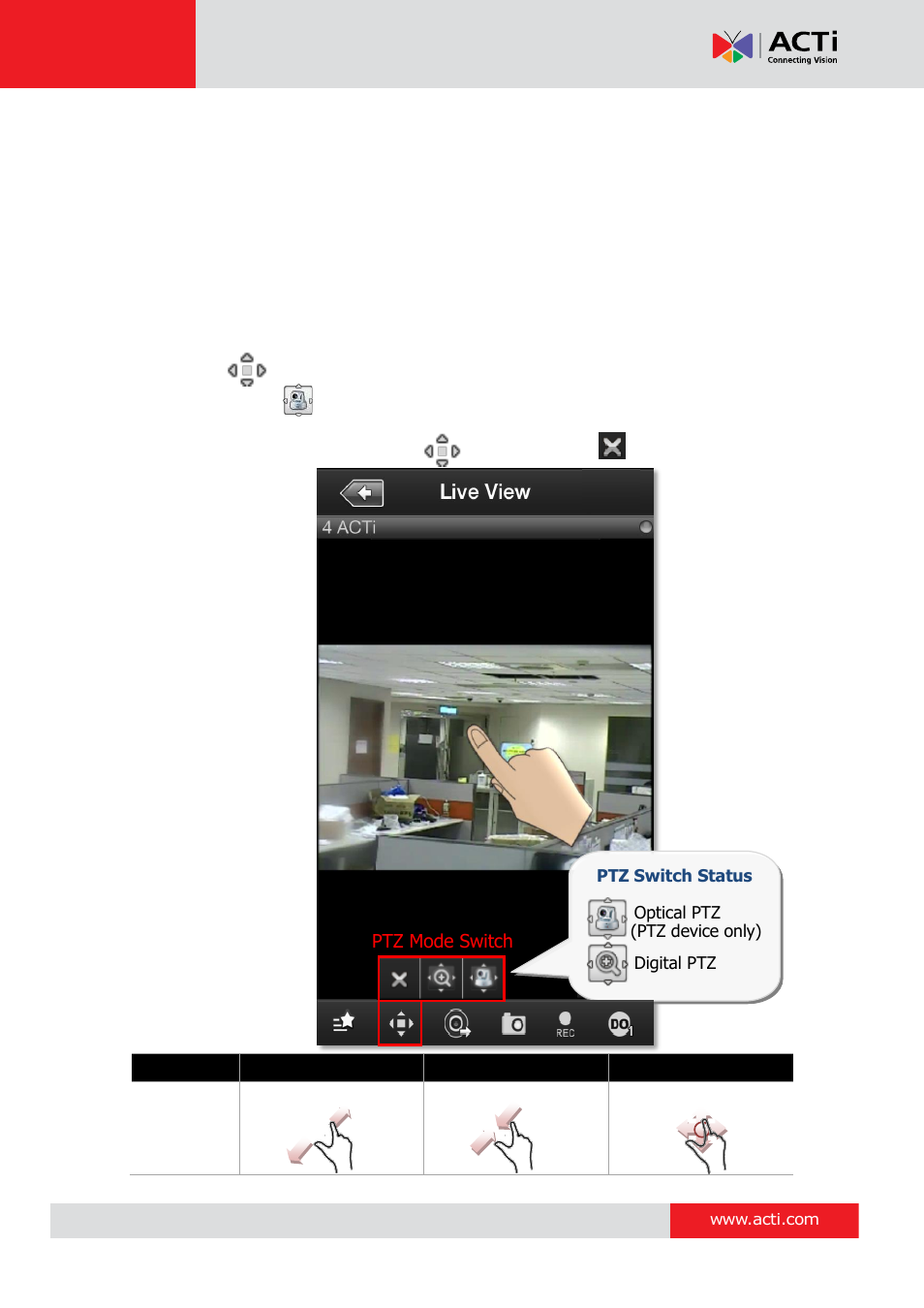 Optical ptz, Operate ptz operations | ACTi Mobile Client for iOS User Manual | Page 15 / 24