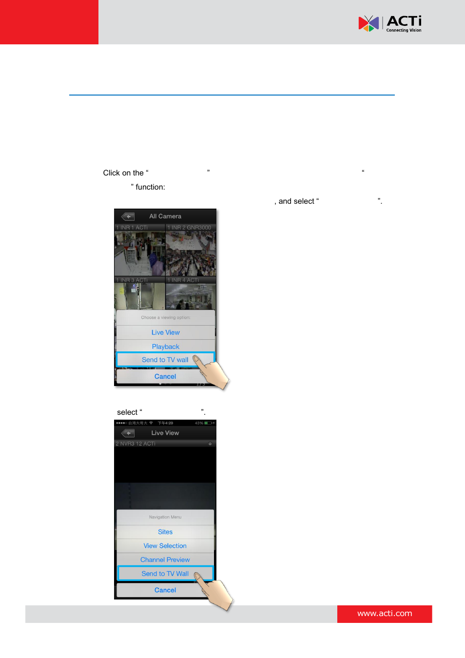 Send a channel to tv wall, Acti mobile client for ios v1.0.17 | ACTi Mobile Client for iOS User Manual | Page 22 / 24