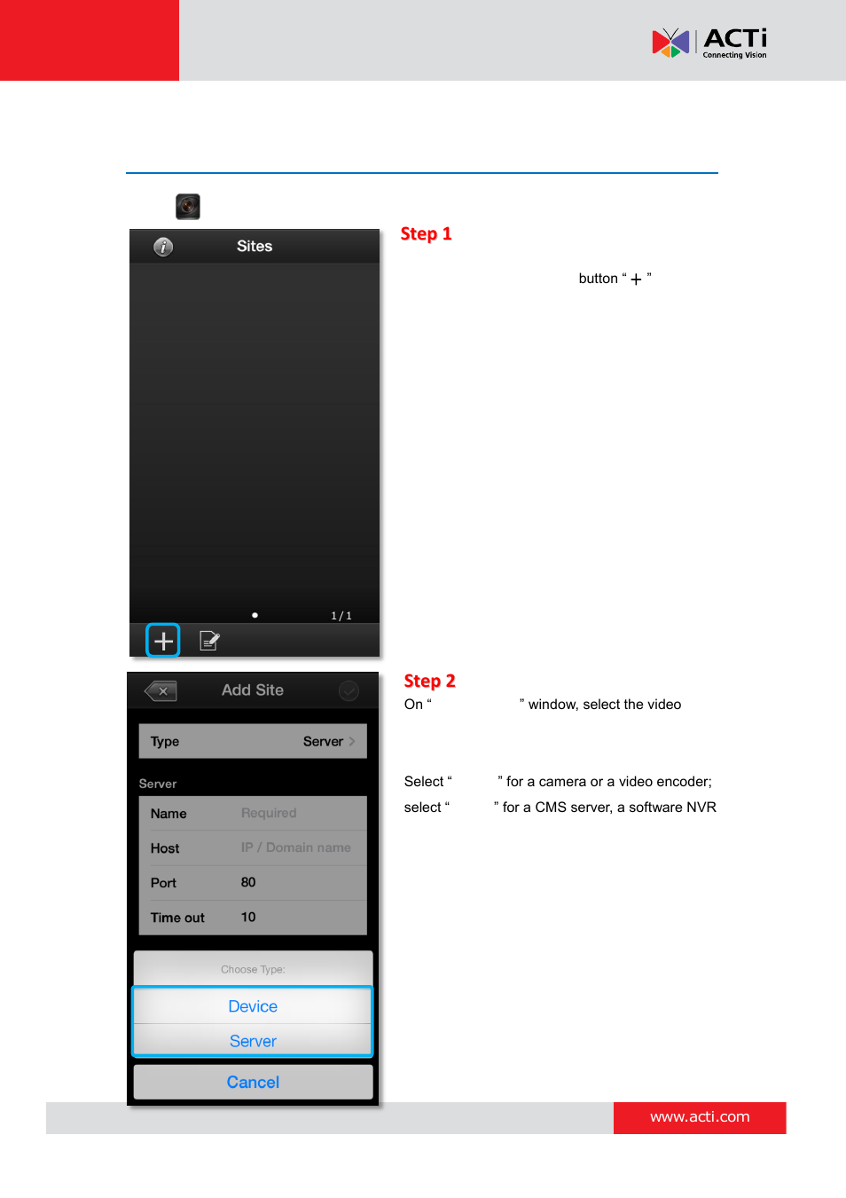 Add a server / camera | ACTi Mobile Client for iOS User Manual | Page 6 / 24