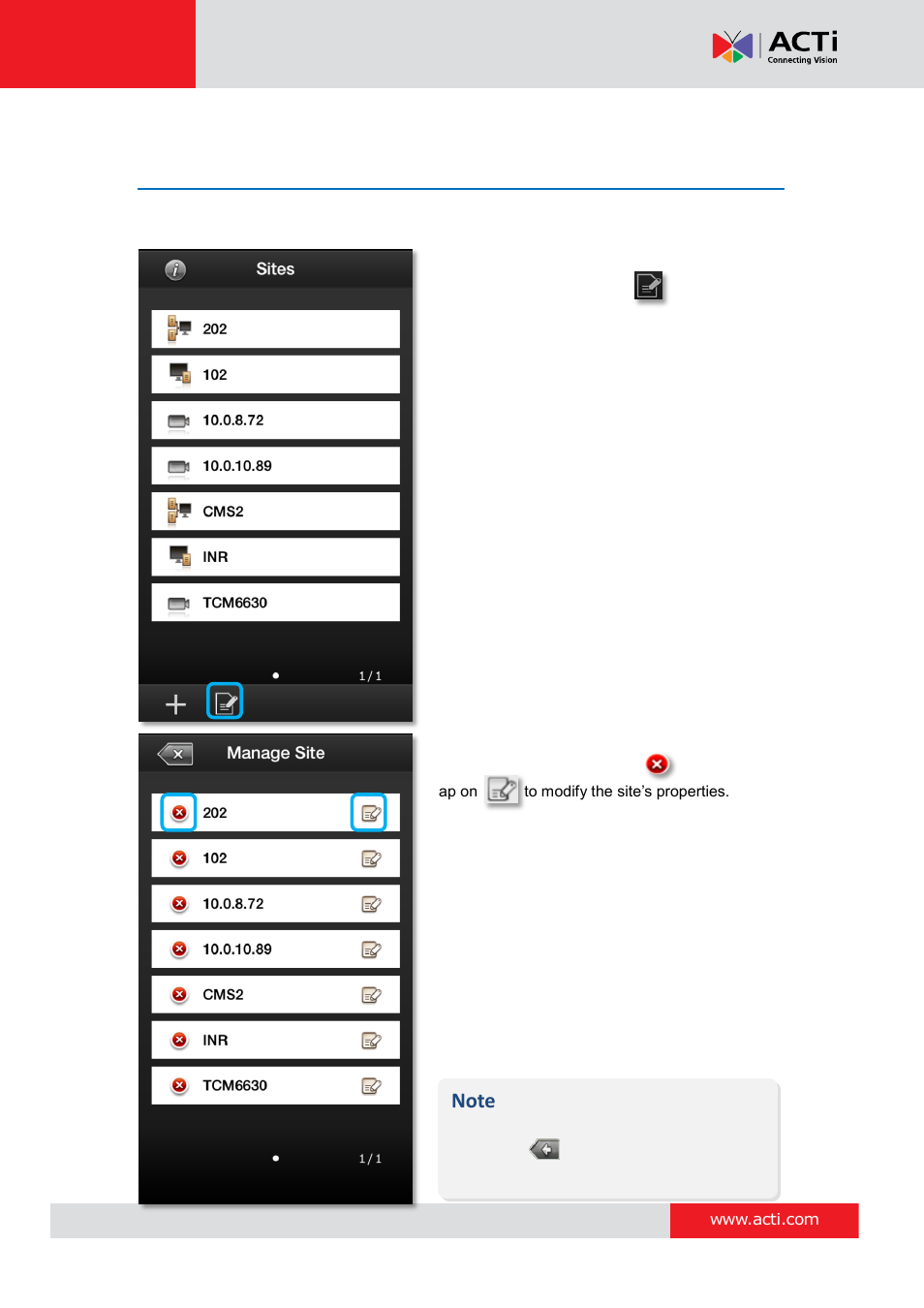Manage sites, Enter edit mode, Delete/modify a site | ACTi Mobile Client for iOS User Manual | Page 8 / 24