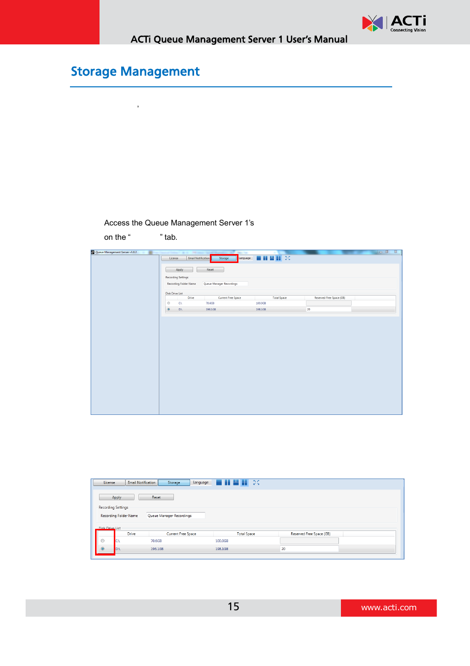 Storage management | ACTi Queue Management Server 1 User Manual | Page 15 / 46