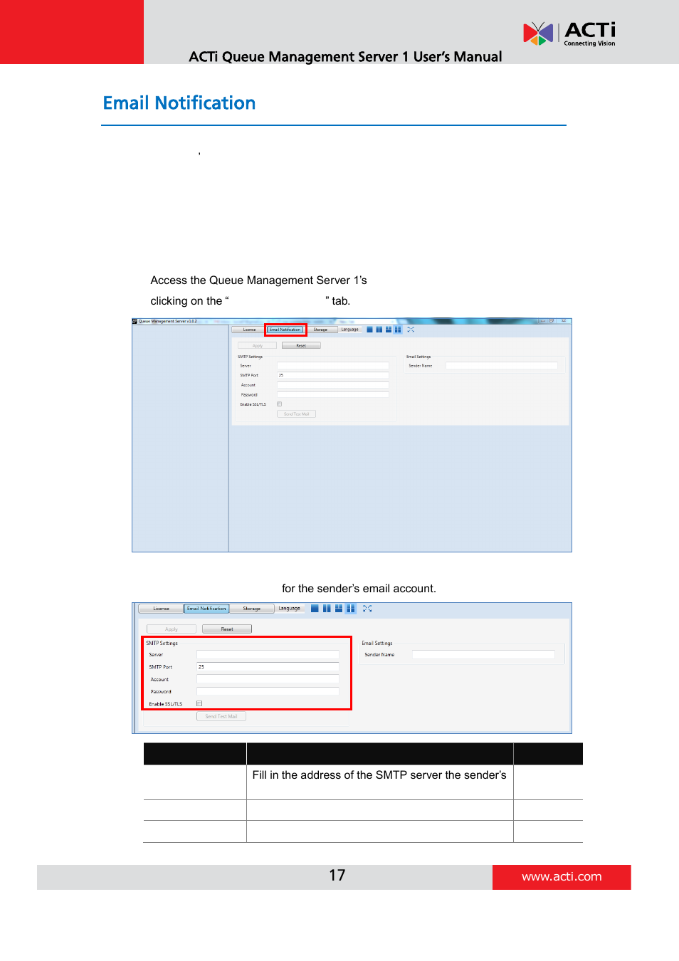 Email notification | ACTi Queue Management Server 1 User Manual | Page 17 / 46