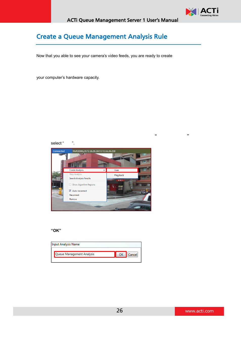 Create a queue management analysis rule, Accessing new analysis window, Live view analysis | ACTi Queue Management Server 1 User Manual | Page 26 / 46