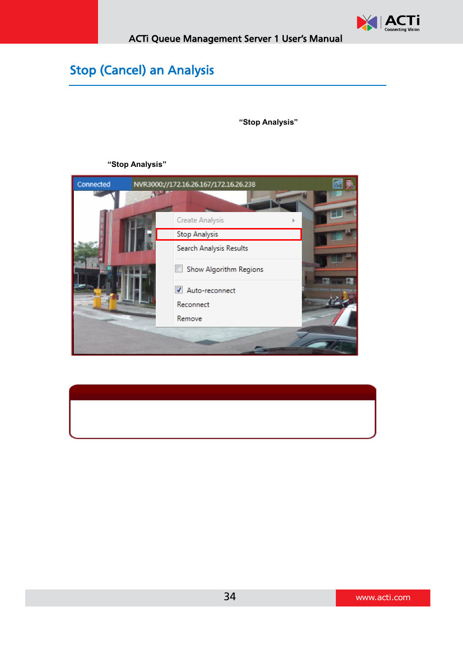 Stop (cancel) an analysis | ACTi Queue Management Server 1 User Manual | Page 34 / 46