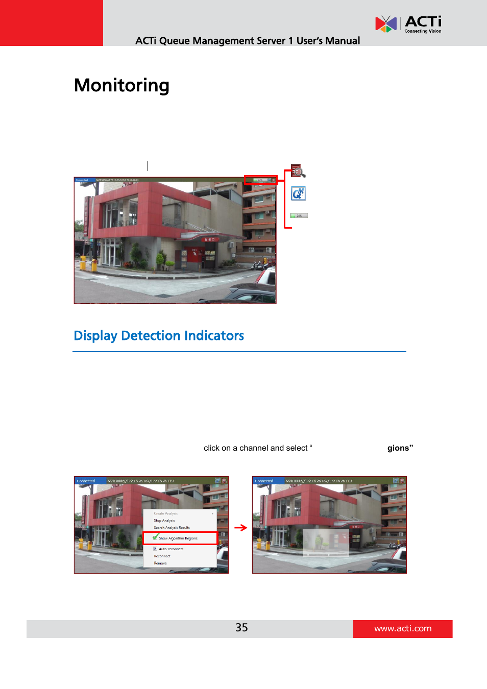 Monitoring, Display detection indicators | ACTi Queue Management Server 1 User Manual | Page 35 / 46