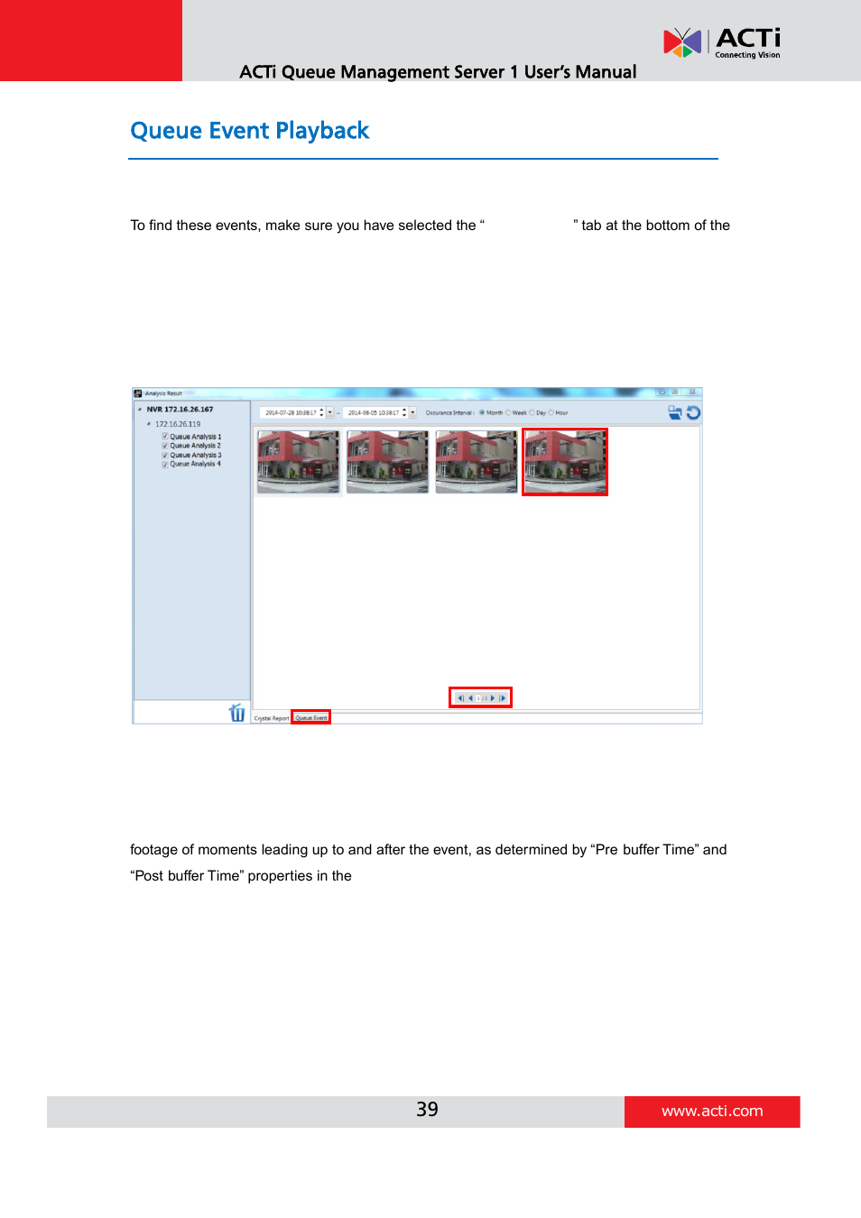 Queue event playback, Acti queue management server 1 user’s manual | ACTi Queue Management Server 1 User Manual | Page 39 / 46