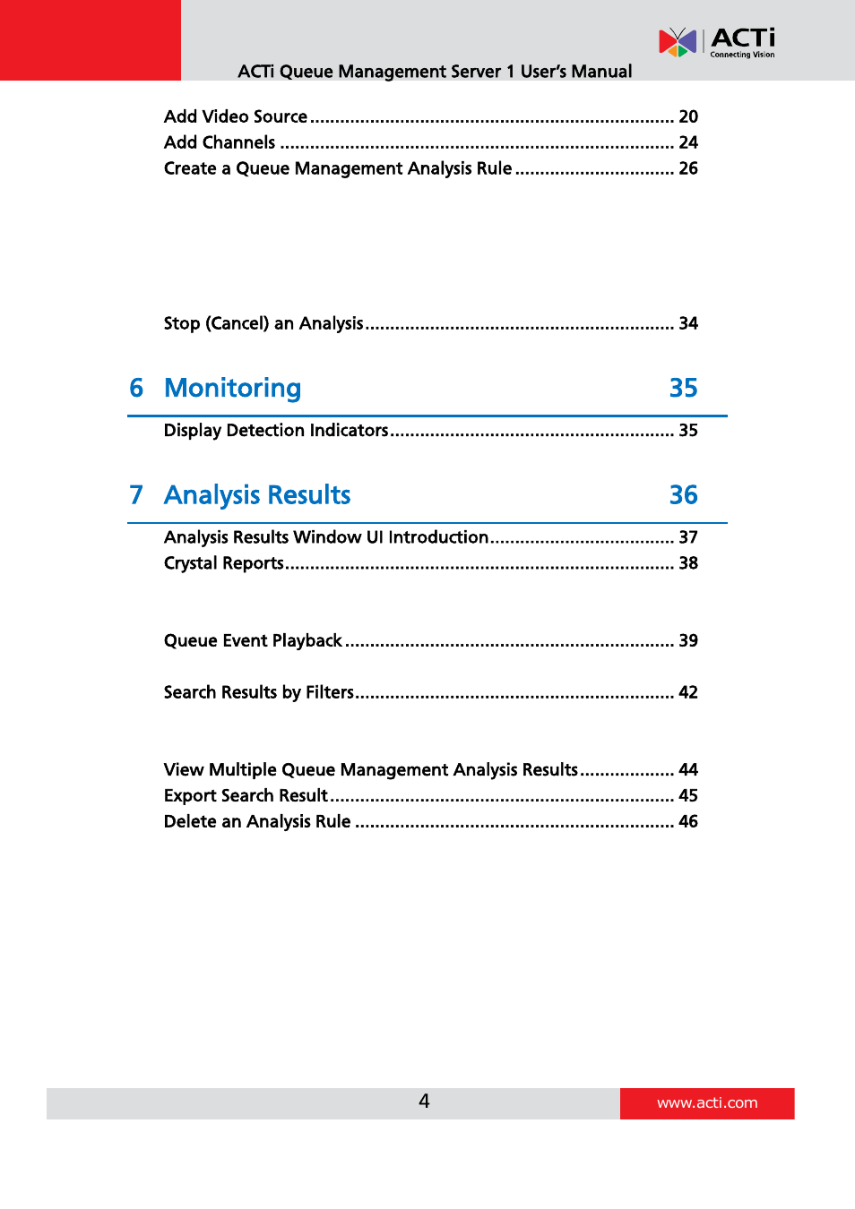 6 monitoring 35, 7 analysis results 36 | ACTi Queue Management Server 1 User Manual | Page 4 / 46