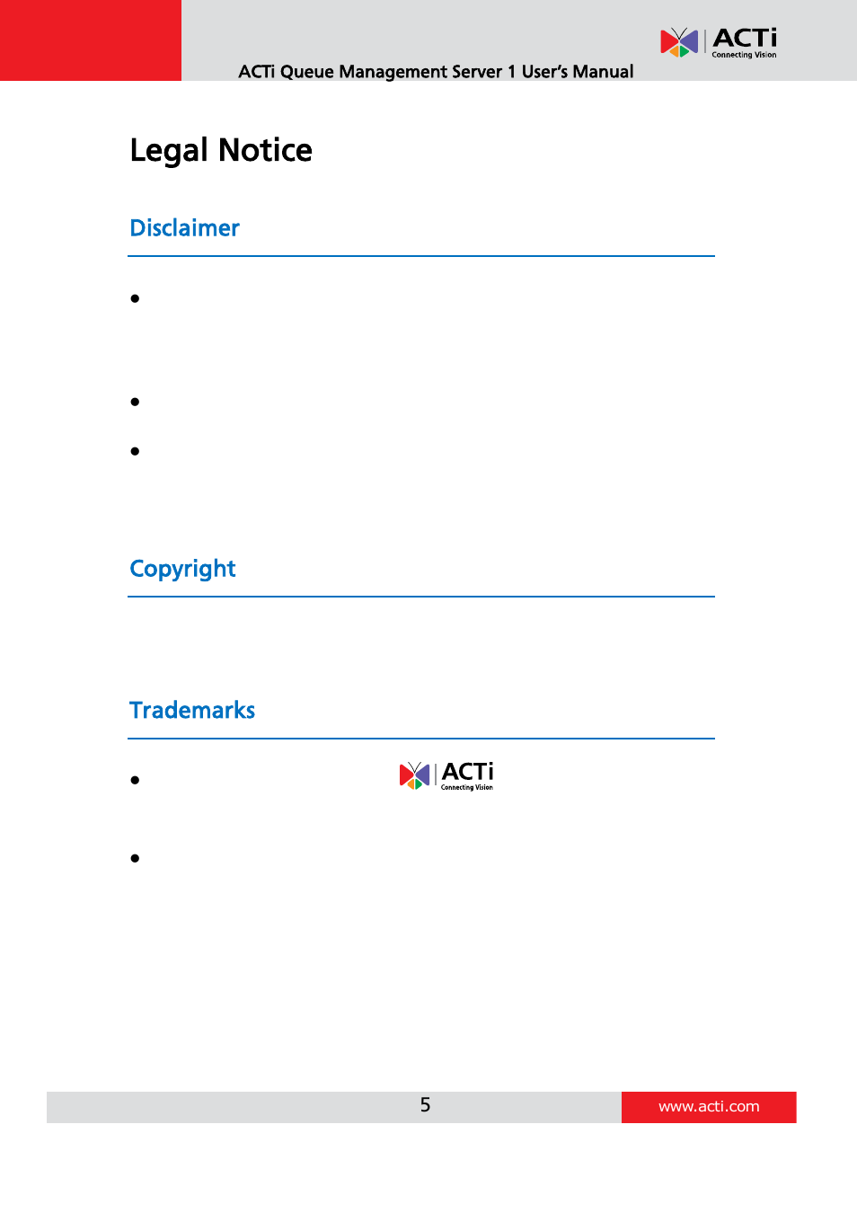 Legal notice, Disclaimer, Copyright | Trademarks | ACTi Queue Management Server 1 User Manual | Page 5 / 46